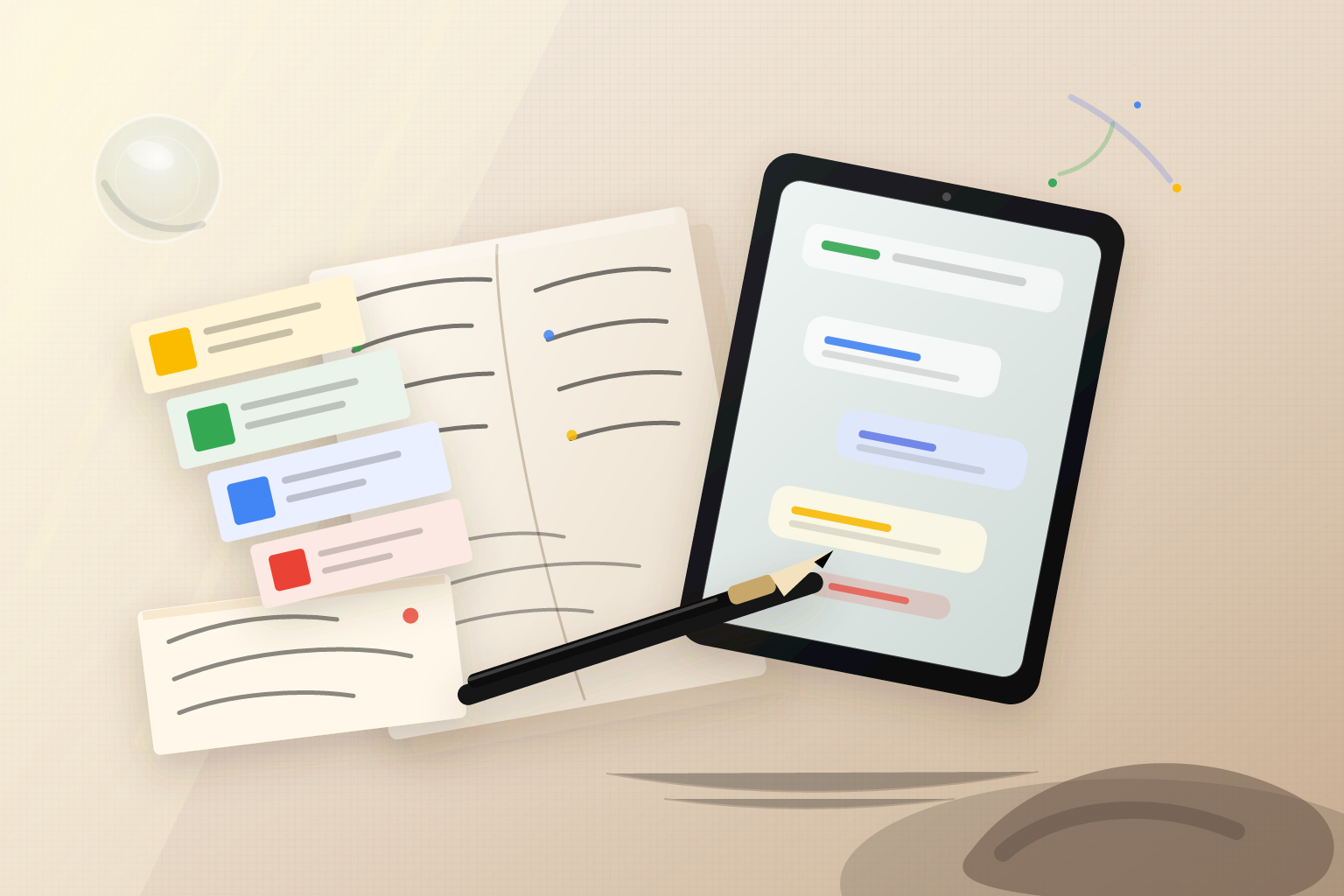 A coach's desk with client intake cards, resource tabs, and a warm handoff note around a restrained AI assistant.